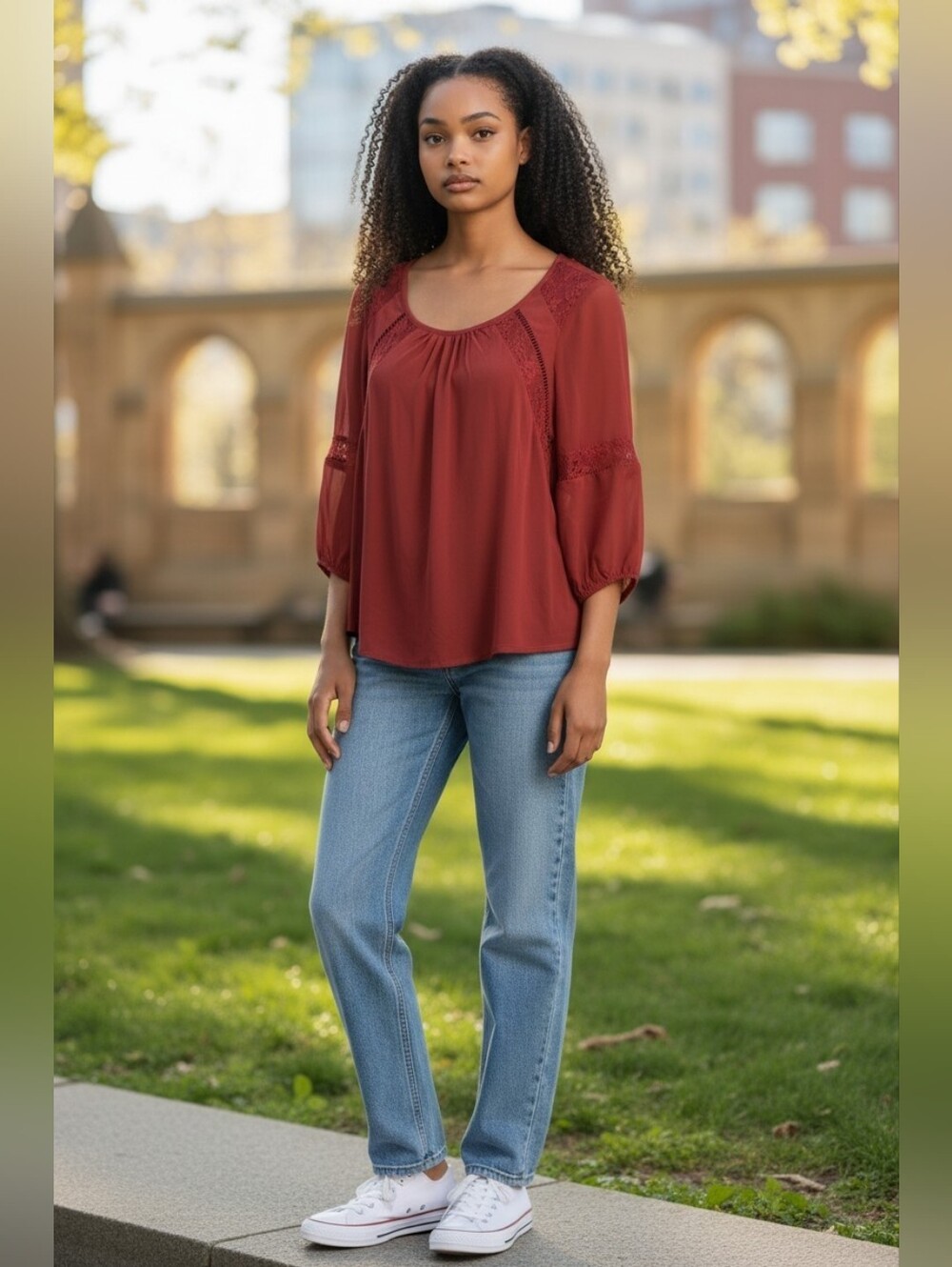 Roz & Ali Women’s Lace-Inset Cranberry Blouse